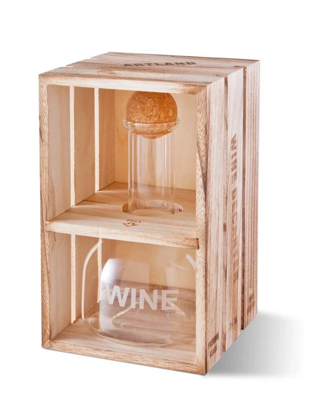 Rustic Glass Wine Decanter Carafe with Cork Stopper & Wooden Crate